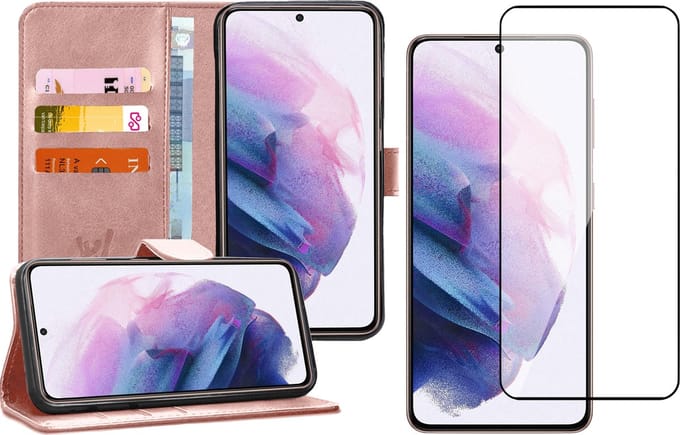 Hoesje geschikt voor Samsung Galaxy S21 - Screen Protector FullGuard - Book Case Kunstleer Pasjeshouder Rosegoud & Screenprotector
