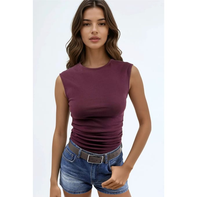 Mouwloze Drapé Blouse met Ronde Hals