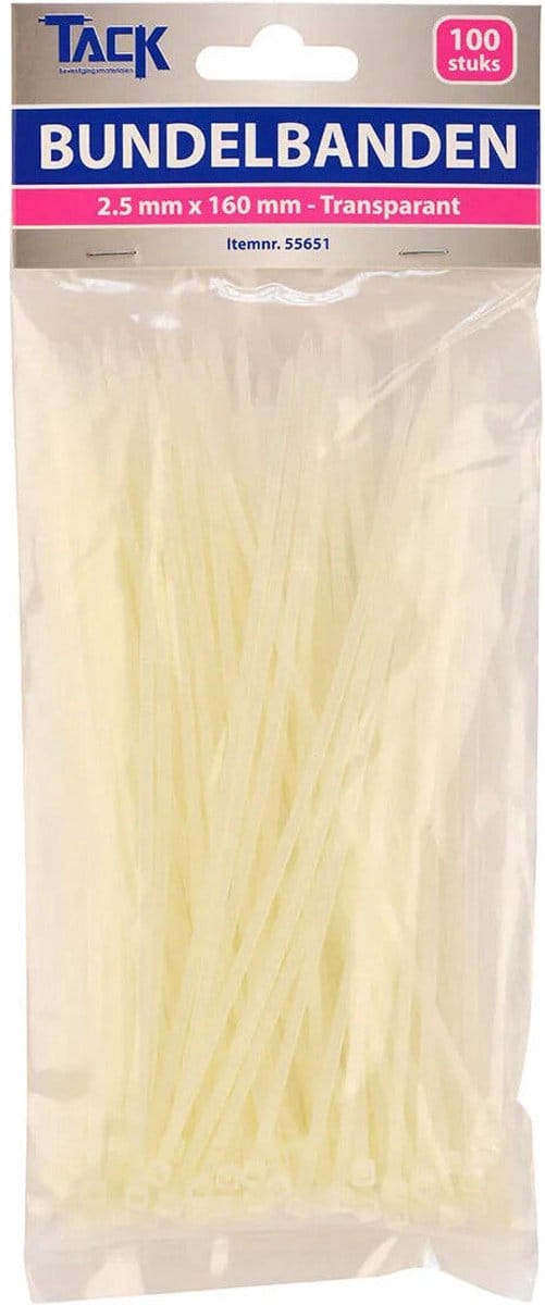 100 Tiewraps / bundelbandjes 2,5 x 160 mm transparant PA66