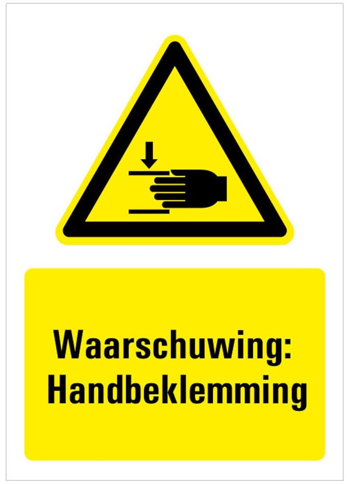 Waarschuwing voor handbeklemming bord met tekst 210 x 297 mm