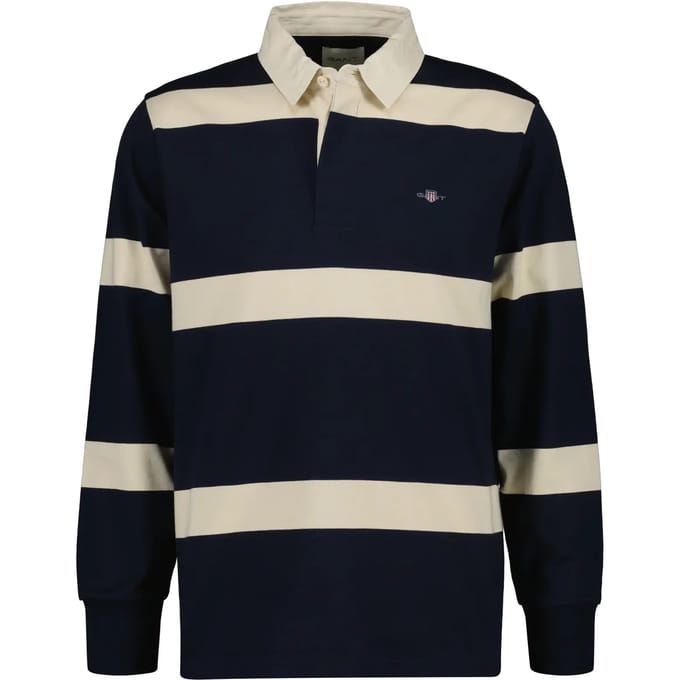 Gant Heavy Rugger Stripe Shield Polo Streep Navy Wit - Maat S - Heren - Longsleeve polo