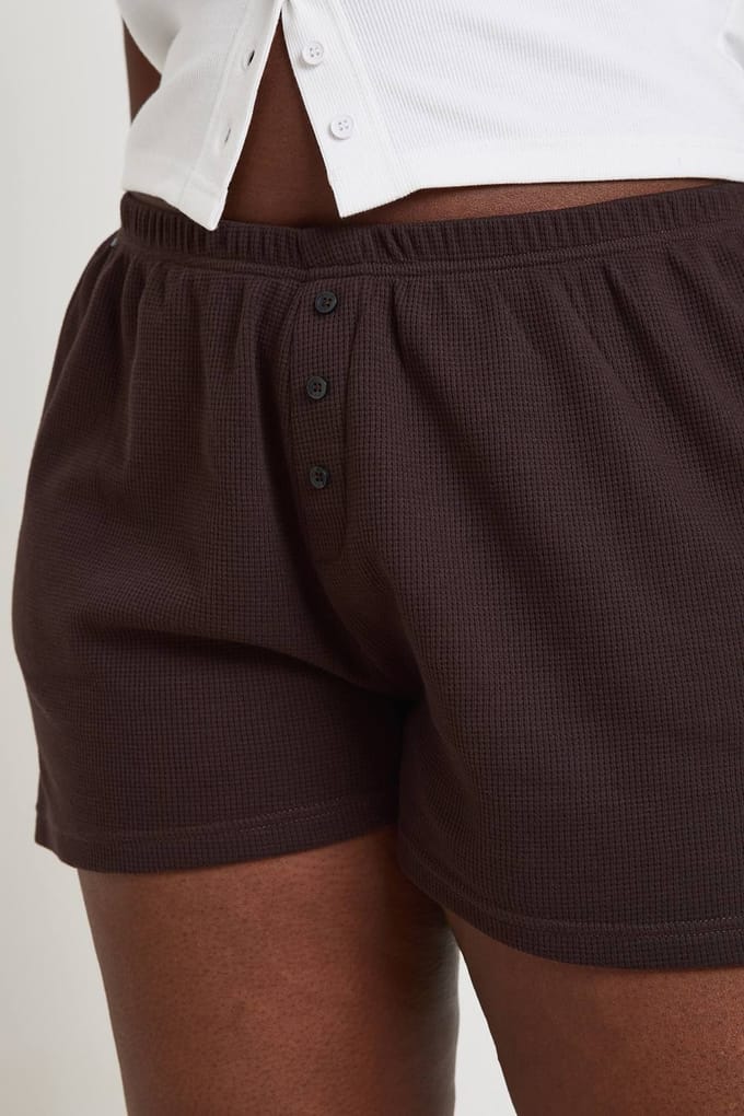 boohoo Dames Plus Wafel Henley Shorts | Chocoladebruin | Maat: 44