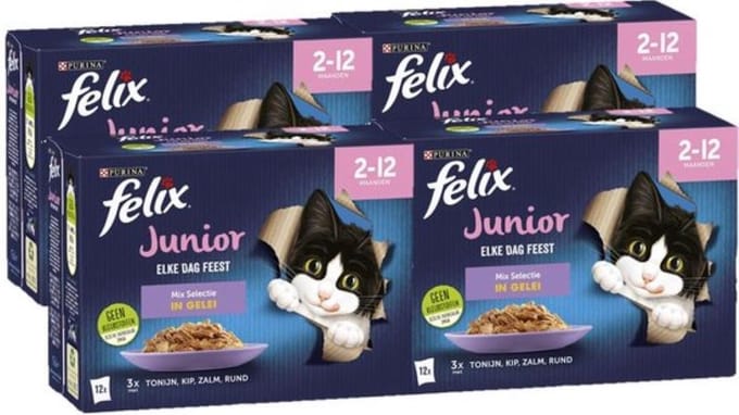 4x Felix - Elke Dag Feest Junior Mix Selectie in Gelei - Kattenvoer Natvoer - 12x85g