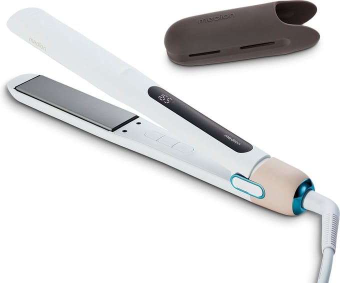 MEDION HS1 stijltang met display (5 instelbare warmtestanden, flexibele keramische/tourmaline verwarmingsplaten met temperatuursensor, stijltang) wit