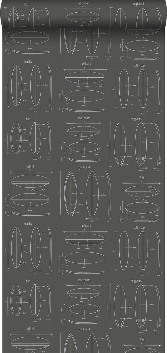 ESTAhome behang technische tekeningen van surfplanken donkergrijs - 53 cm x 10.05 m - 128872