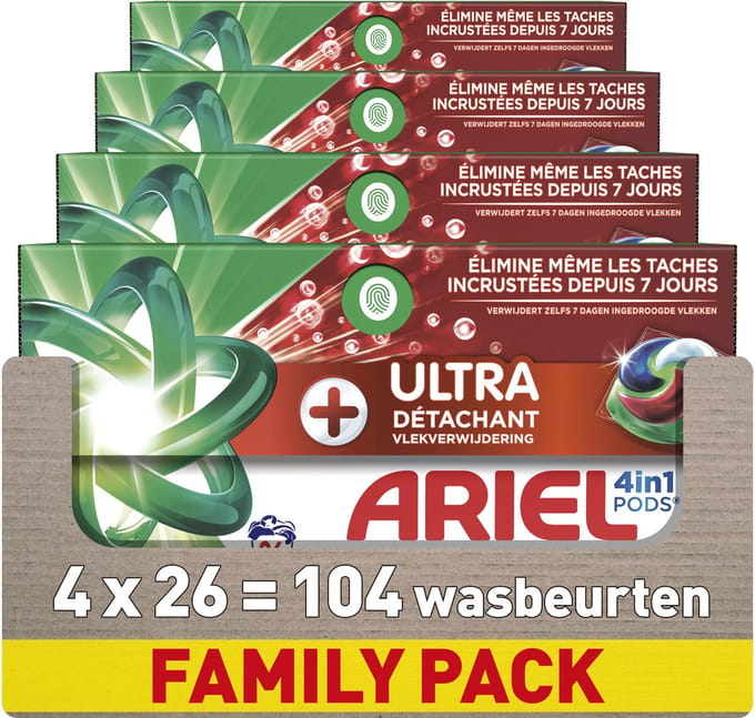 Ariel 4in1 Wasmiddel Pods +Ultra Vlekverwijderaar - 4 x 26 Wasbeurten