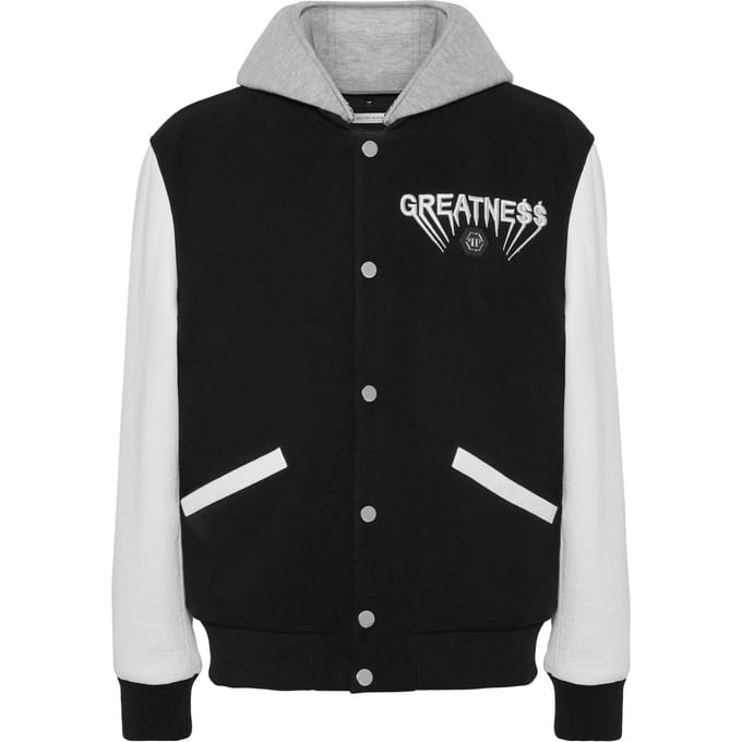 Hooded Varsity Bomber With Leather Sleeves Greatness