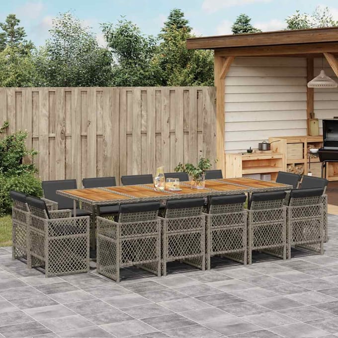 vidaXL - 15-delige - Tuinset - met - kussens - poly - rattan - grijs
