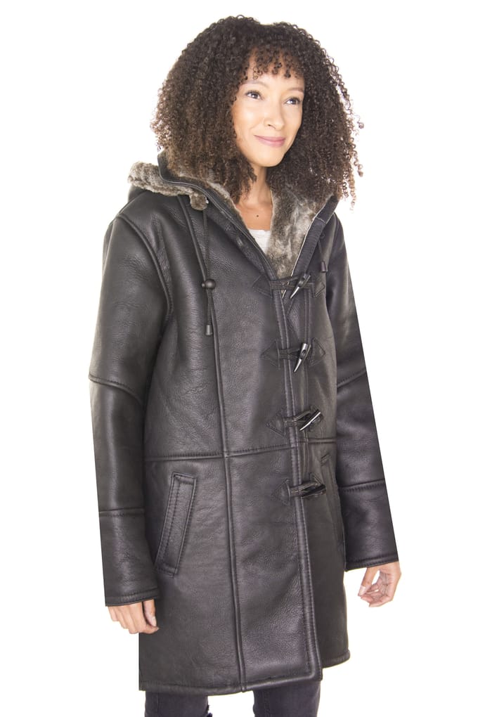 Dames zwarte shearling duffelcoat met capuchon-Lille