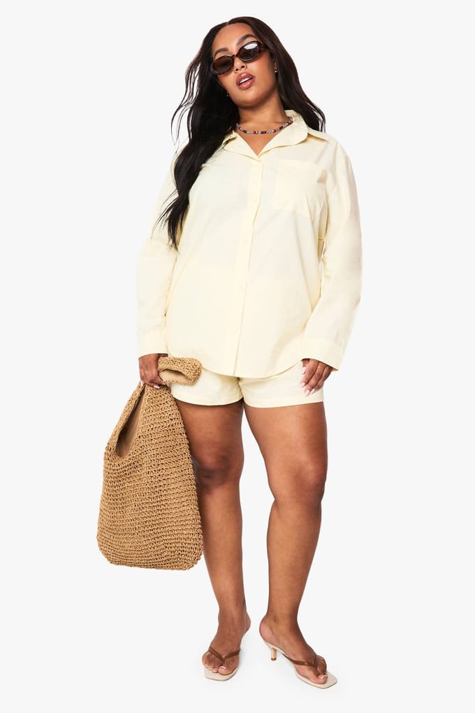 boohoo Dames Plus Katoenen Popeline Overhemden Short | Lemon | Maat: 18