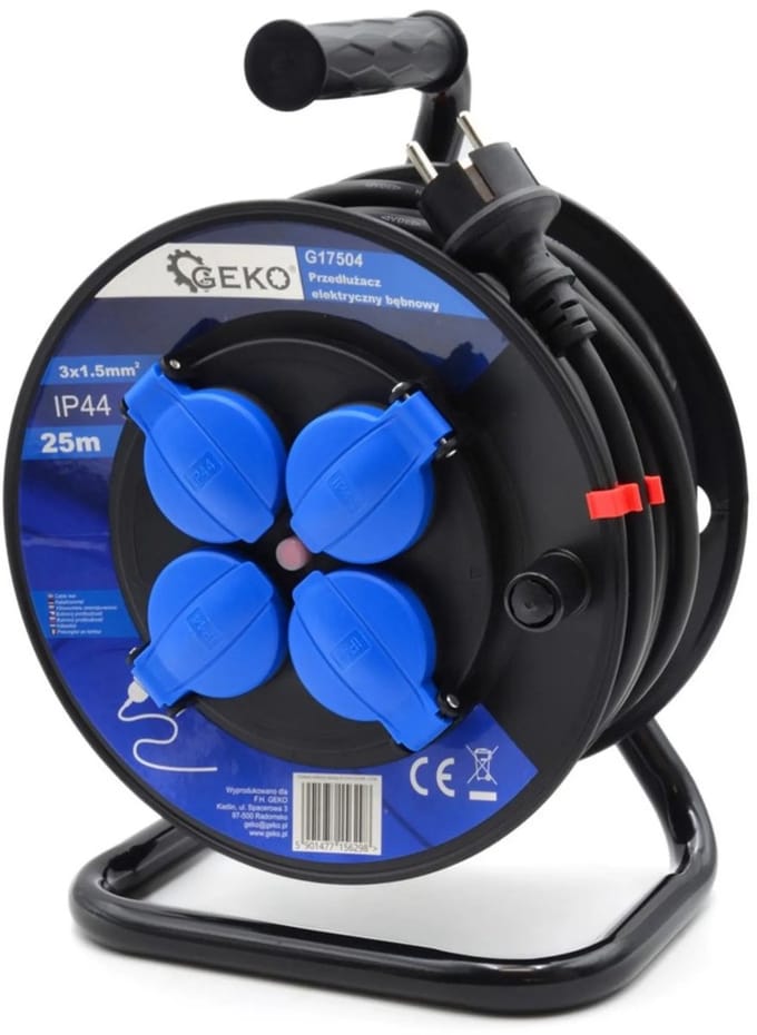 GEKO Elektrische kabelhaspel - 25m - IP44 - 4 stopcontacten - 3x1.5mm²