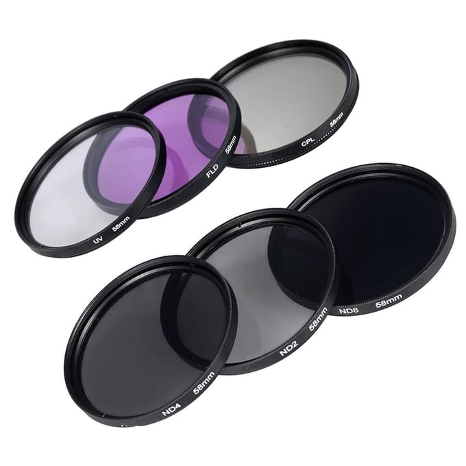 Kit de filtres d'objectif 58mm UV+CPL+FLD+ND(ND2 ND4 ND8) avec Étui de Transport   Bouchon d'Objectif   Support de Bouchon d'Objectif   Objectif Tulipe et Caoutchouc gray