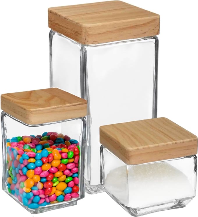 5five - 8x Keuken voorraadpotten glas met houten deksel - 3 formaten