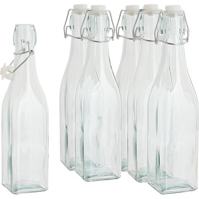 VBS Glazen fles met clip-sluiting "Vierkant", 500 ml, 6 stuks