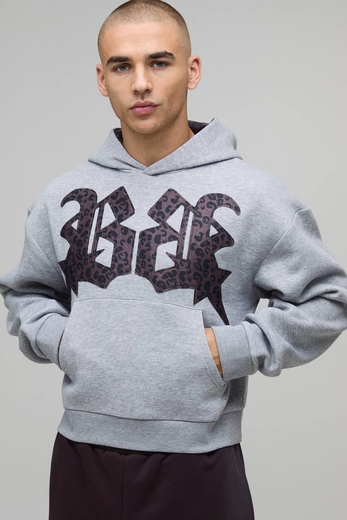 Oversized Shrunken Boxy Luipaardprint Applique Hoodie | Grey Marl | Size Medium