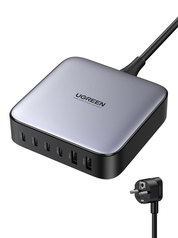 UGREEN 40914 Netvoedingsmodule 200 W USB 2.0 bus A, USB 2.0 bus A, USB-C bus, USB-C bus, USB-C bus, USB-C bus Zwart, Grijs Binnen