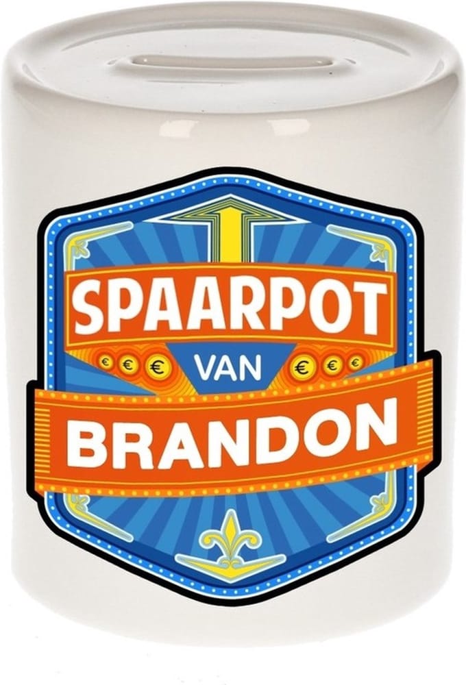 Bellatio Decorations Kinder spaarpot met naam - Brandon - keramiek - met dop - wit - Sparen - Spaargeld van Brandon