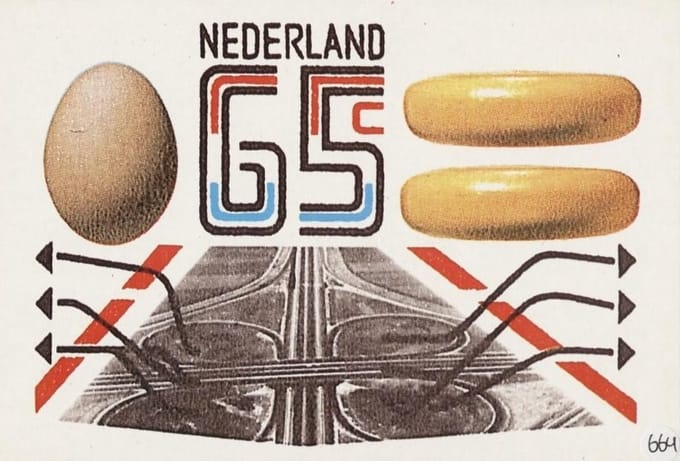 Briefkaart met afbeelding Klaverblad, ei, kaas postzegel