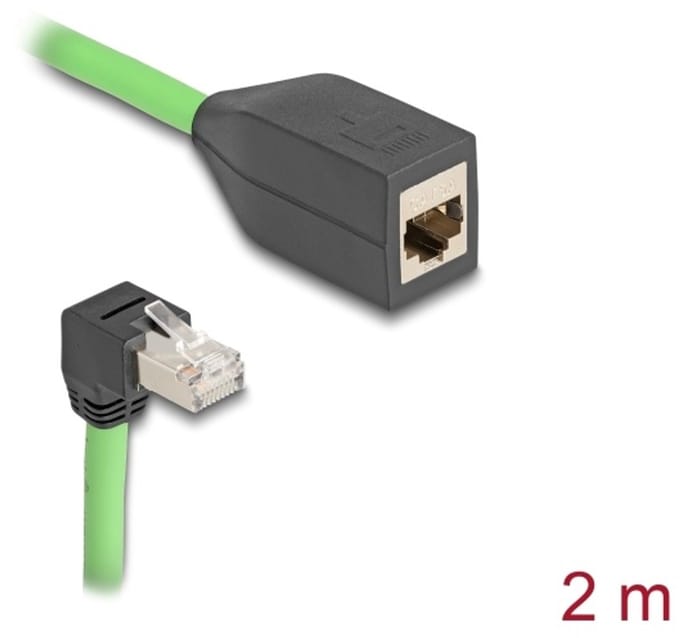Delock RJ45 Network Extension Cable Cat.6A plug downwards angled to jack SF/UTP suitable for drag chains PUR (TPU) 2 m green