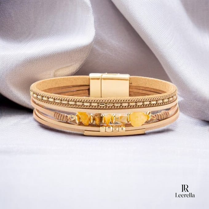 Leerella Echt Leren Multi-Layer Armband Beige met Magneetsluiting – Boho Dames Armband – 19,5 cm