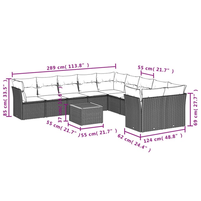 vidaXL - 11-delige - Tuinset - met - kussens - poly - rattan - beige