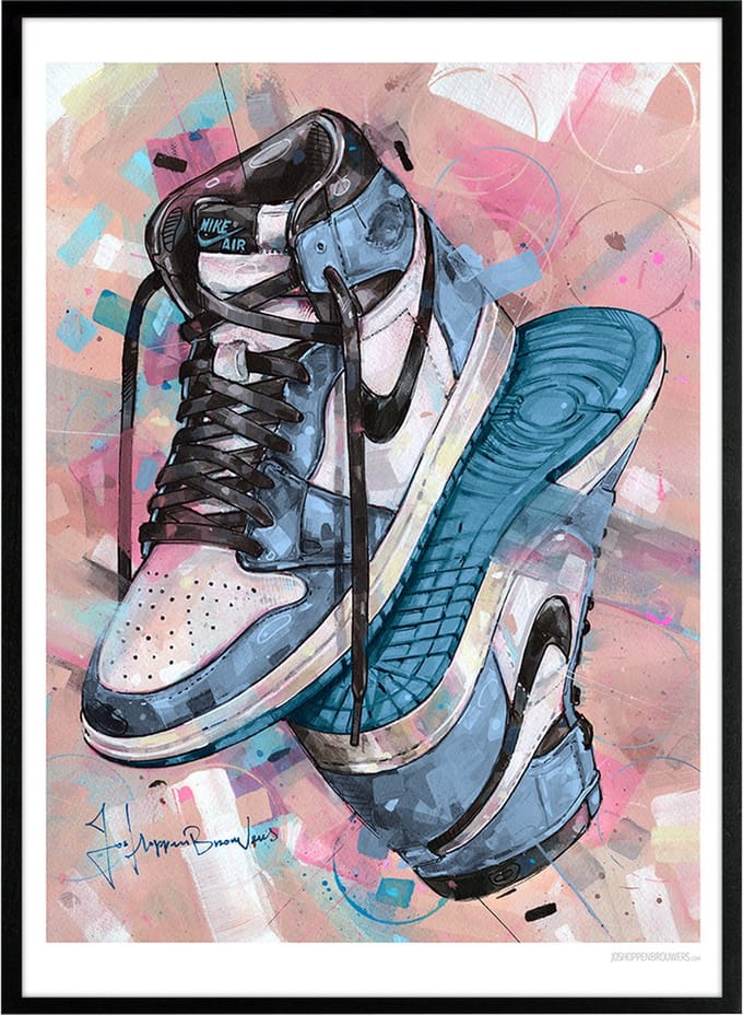 Sneaker print upside down university blue 51x71 cm *ingelijst & gesigneerd