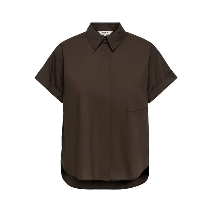 Only bruine dames blouse   Punt kraag   Regular fit   Borstzakken   Blinde knoopsluiting   Korte mouw Bruin M