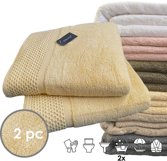 iSleep Deluxe Badlaken - 2 Stuks - 70x140 cm - Beige