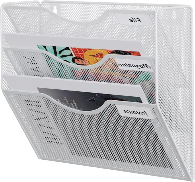 3-laags A4 Mesh Wand Pocket Bestandsmap - Documenten Organizer, Tijdschrift Houder en Postopberger, Wit