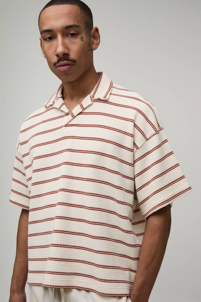 Oversized Striped Waffle Revere Polo T-Shirt | Ecru | Size Medium