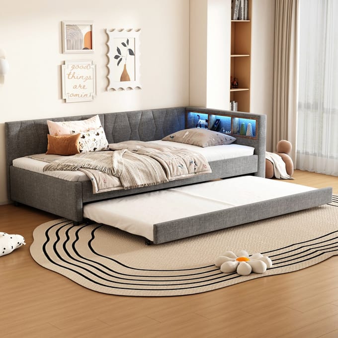 REDOM Slaapbank 90x200 cm van linnen/MDF – Met uitschuifbed, USB/Type-C en LED – Grijs