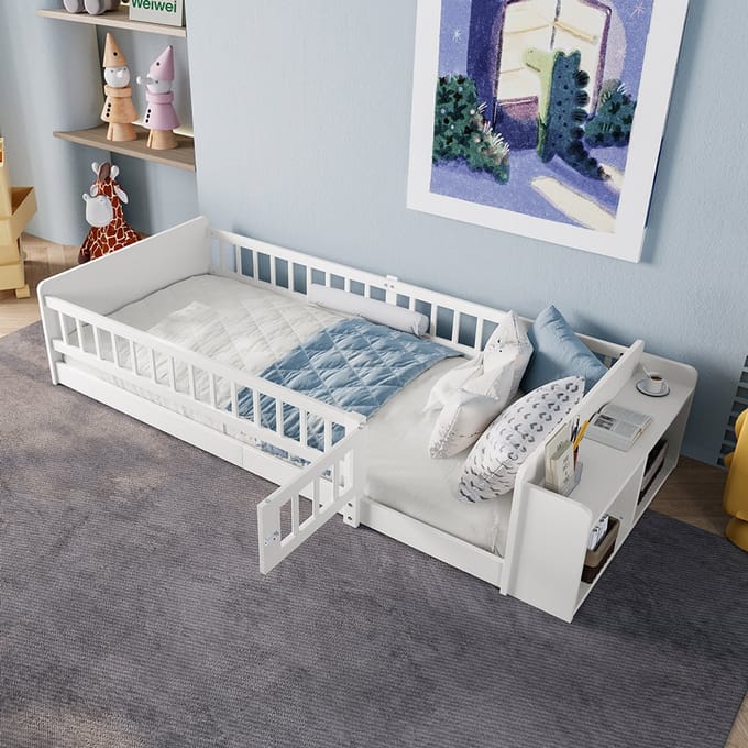 Komhtom Houten bed, kinderbed, 90 x 200 cm, grenenhout, open opbergruimte, planken, open structuur, zonder matras, wit