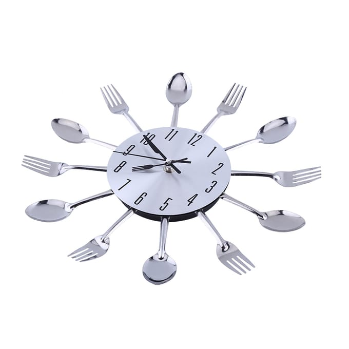 Grote 3D Spiegeloppervlak Zilver Modern Design Bestek Keukengerei Lepel Vork Wandklok DIY white