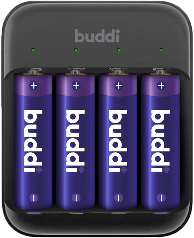 Buddi Battery Charger AA + AAA Batterij USB-C Oplader 4 Stuks Zwart