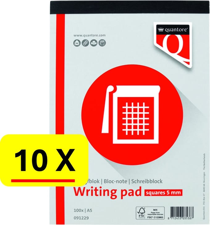 10 x Schrijfblok Quantore - A5 - ruit - 100vel - 60gr - voordeelset