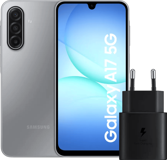 Samsung Galaxy A17 128GB Grijs 5G + Samsung Oplader 25 Watt Zwart