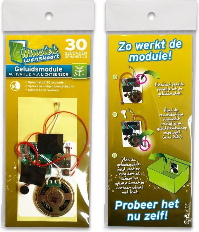 Geluidsmodule 30 sec. - geactiveerd door licht - zelf opneembaar - spreek je eigen boodschap in - simpel te verwerken