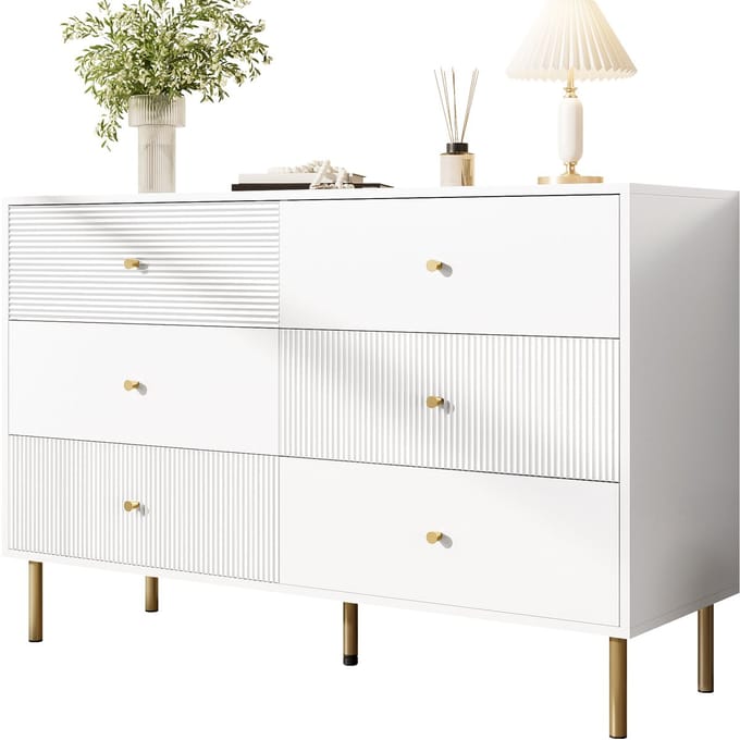 Commode - Modern - Zes Lades - Wit - Zinklegering Handgrepen en Stalen Poten - 120 x 40 x 78 cm - MDF