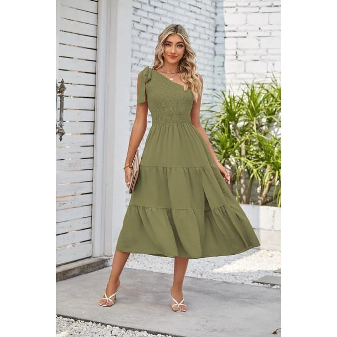 Scheve Schouder Geplooide Gelaagde Zoom Split Mouwloze Jurk XL gray