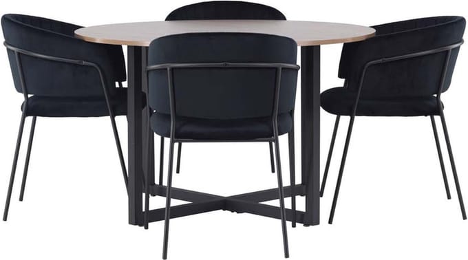 Durango eethoek tafel okkernoot decor en 4 Selma stoelen zwart.