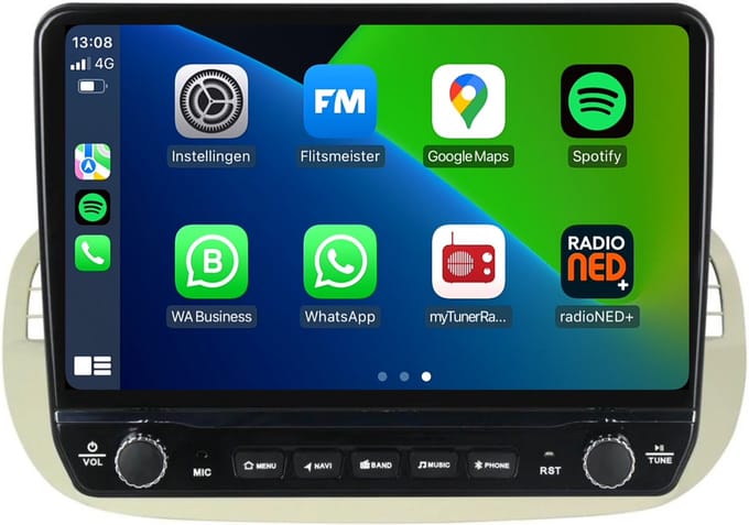 Carplay autoradio voor Fiat 500 Beige | Elegant design | 2007 t/m 2015 | Android 13 | Draadloos Apple Carplay & Android auto | 2GB + 32GB | 8-Core processor | Davilon | 2025 model | 2007 2008 2009 2010 2011 2012 2013 2014 2015 | Bluetooth & Wifi