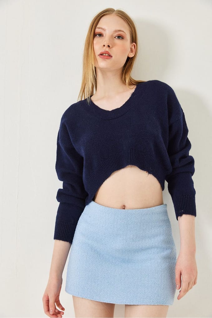 Textuur V-hals Losse Crop Gebreide Top