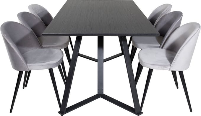 MarinaBLBL eethoek eetkamertafel zwart en 6 Velvet eetkamerstal velours lichtgrijs.