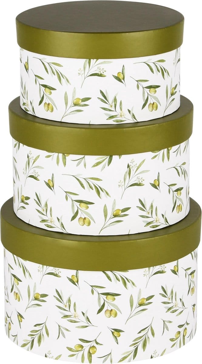 Dekoratief | Set 3 dozen rond 'Olives', karton, 21x21x13cm | A240221