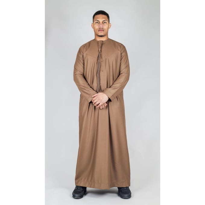 Bruine Thobe Emirati islamitische Jubba-jas voor heren, Eid-kwast, slim fit