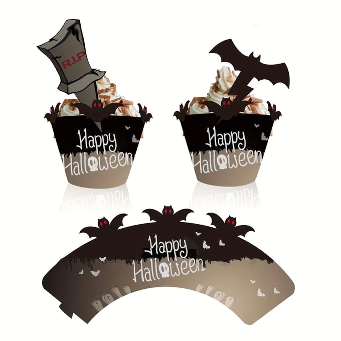 1 set, cupcakes d'Halloween, chauves-souris, citrouilles, décorations de fête A black