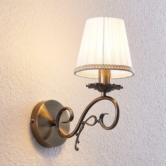 Lindby - Wandlamp - 1licht - Textiel, metaal - H: 33.5 cm - E14 - wit, antiek messing