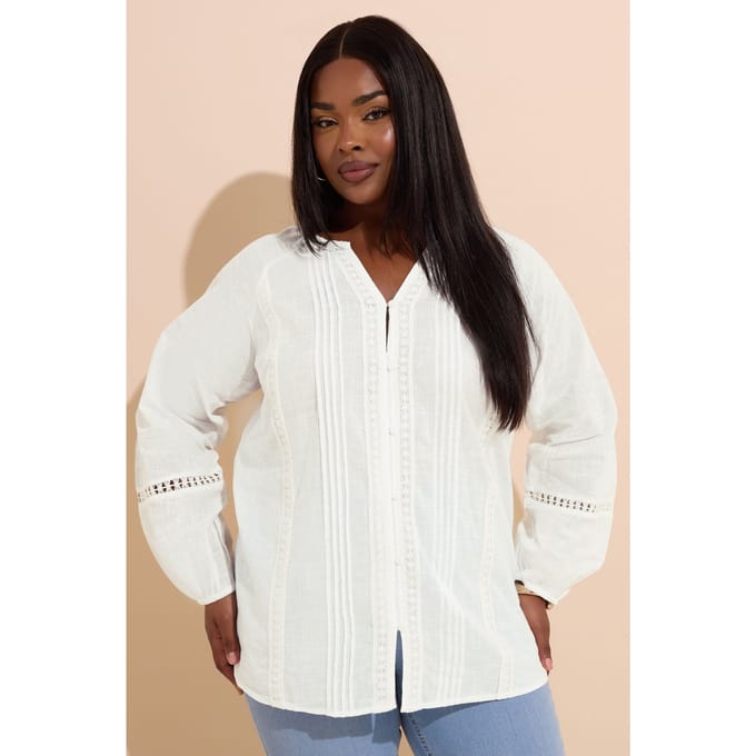 Yours Katoenen Blouse Met Gehaakte Rand En Biezendetail In Wit Size 48