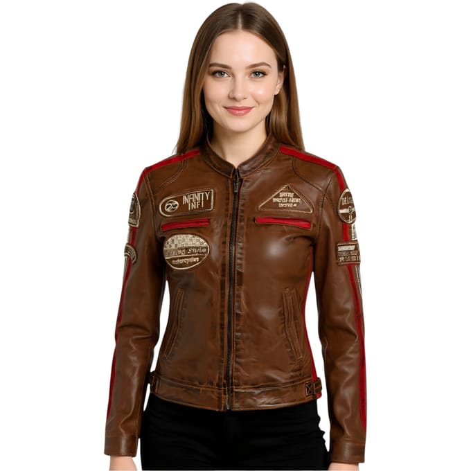Dames bruine leren bikerjack met racebadges - Dalby