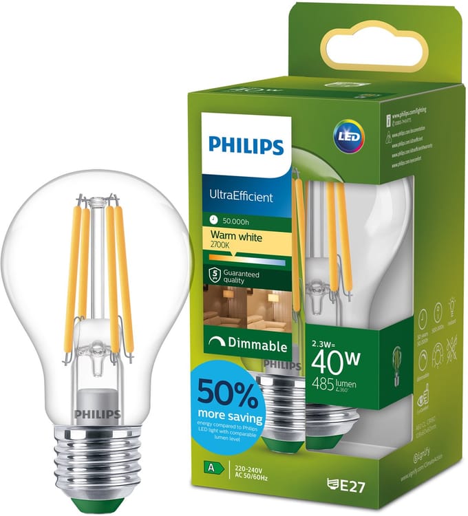 Philips UltraEfficient LED lamp - 40W - E27 fitting - Warmwit licht: 2700K - Dimbaar - Helder glas - A60 lampvorm - Lange levensduur